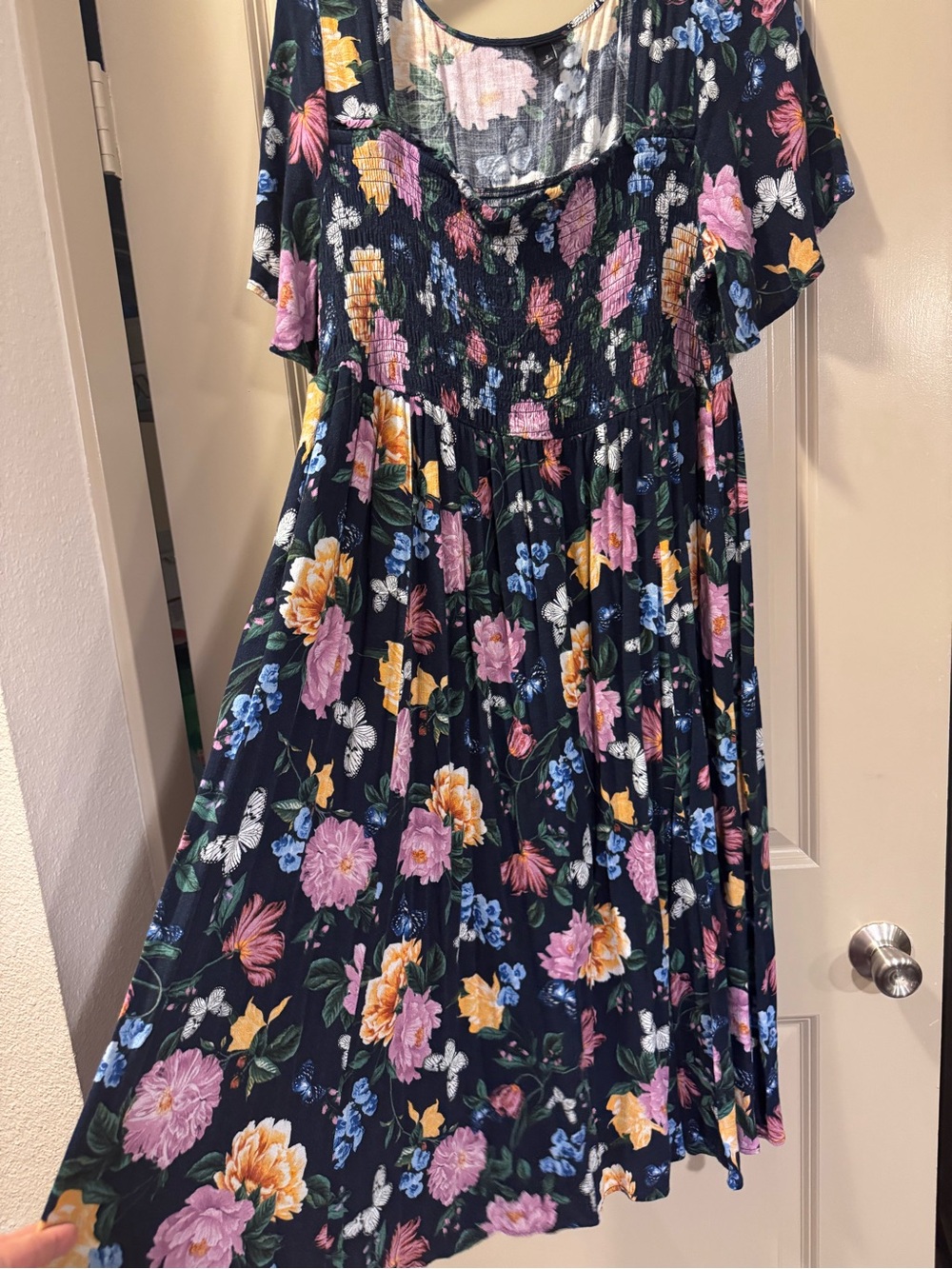 torrid Navy Floral Smocked Midi Dress with Pink, Yellow & Blue Blooms - Picture 1 of 6